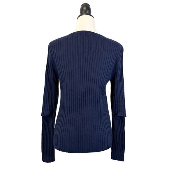Frame Overlap Ribbed Sweater Blue Merino Wool Cutout Long Sleeve, Size Medium - Picture 4 of 8